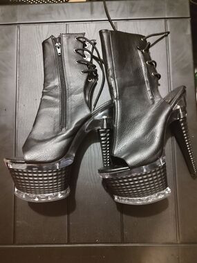 Pleaser Black Peep-Toe Lace-Up Platform Booties with Clear Accents